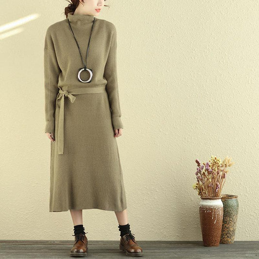 Women Mock Turtle Neck Long Sleeve Khaki Knitted Sweater Dress