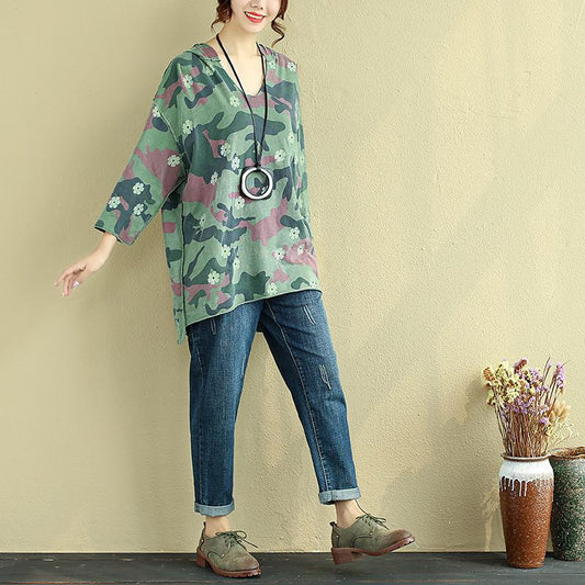 Women Hoodies Three Quarter Sleeve Printed Green Shirt