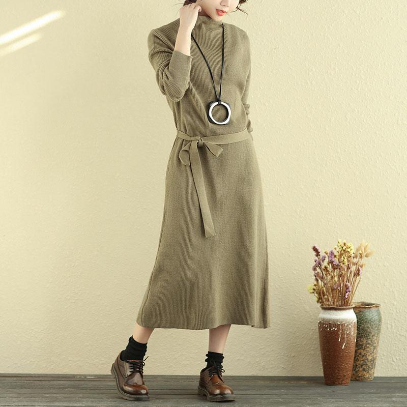 Women Mock Turtle Neck Long Sleeve Khaki Knitted Sweater Dress
