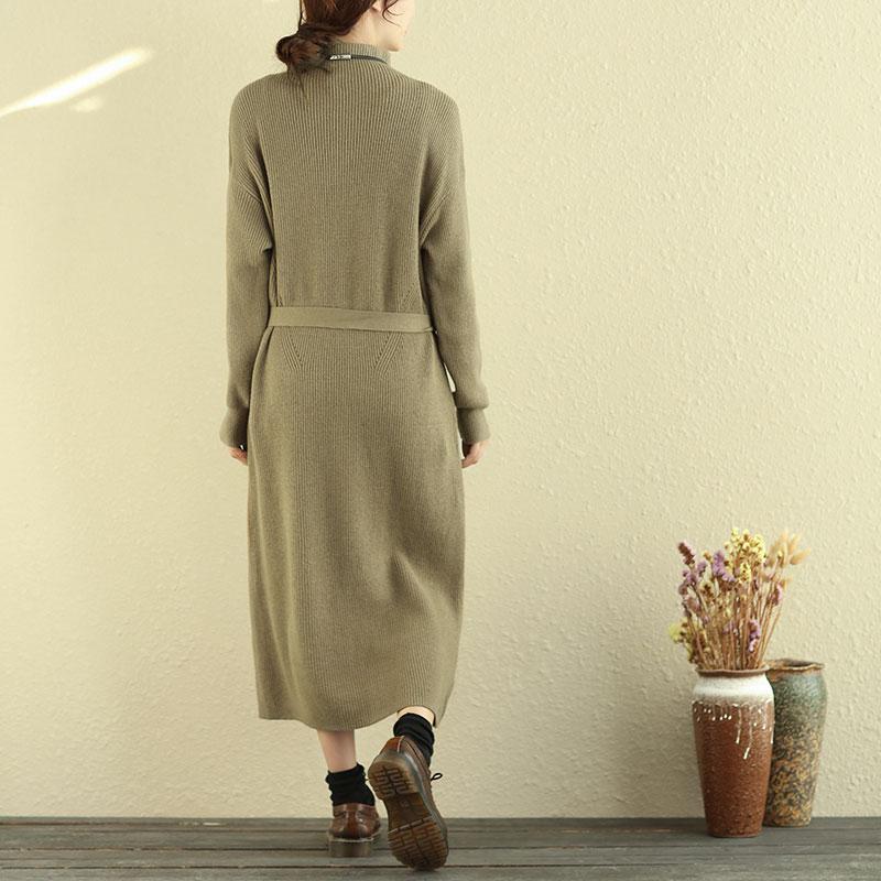 Women Mock Turtle Neck Long Sleeve Khaki Knitted Sweater Dress