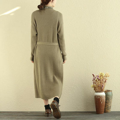 Women Mock Turtle Neck Long Sleeve Khaki Knitted Sweater Dress