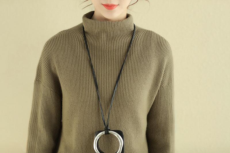 Women Mock Turtle Neck Long Sleeve Khaki Knitted Sweater Dress