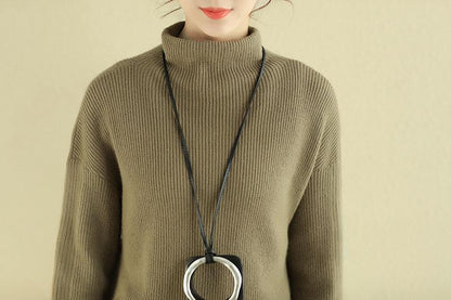 Women Mock Turtle Neck Long Sleeve Khaki Knitted Sweater Dress