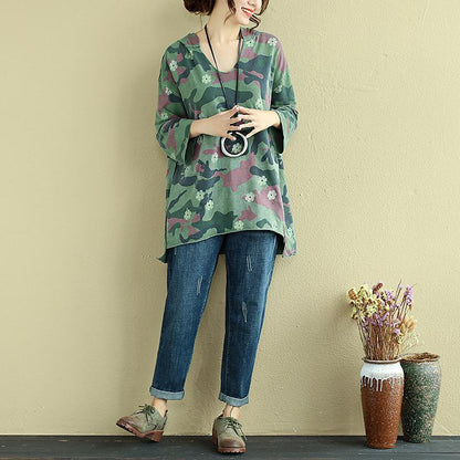 Women Hoodies Three Quarter Sleeve Printed Green Shirt