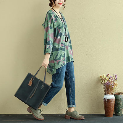 Women Hoodies Three Quarter Sleeve Printed Green Shirt