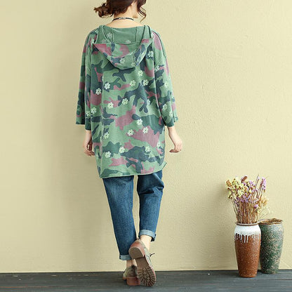 Women Hoodies Three Quarter Sleeve Printed Green Shirt
