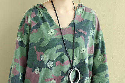 Women Hoodies Three Quarter Sleeve Printed Green Shirt