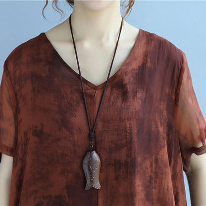 Retro Dyeing Women Loose Casual Silk Irregular Summer Rose Red Dress