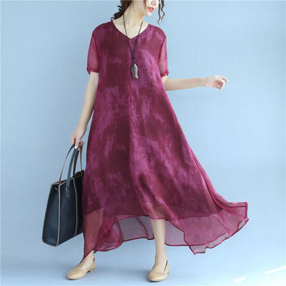 Retro Dyeing Women Loose Casual Silk Irregular Summer Rose Red Dress