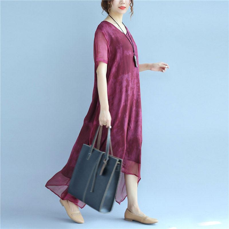 Retro Dyeing Women Loose Casual Silk Irregular Summer Rose Red Dress
