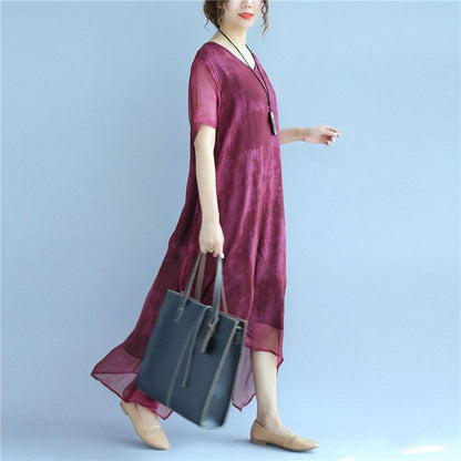 Retro Dyeing Women Loose Casual Silk Irregular Summer Rose Red Dress