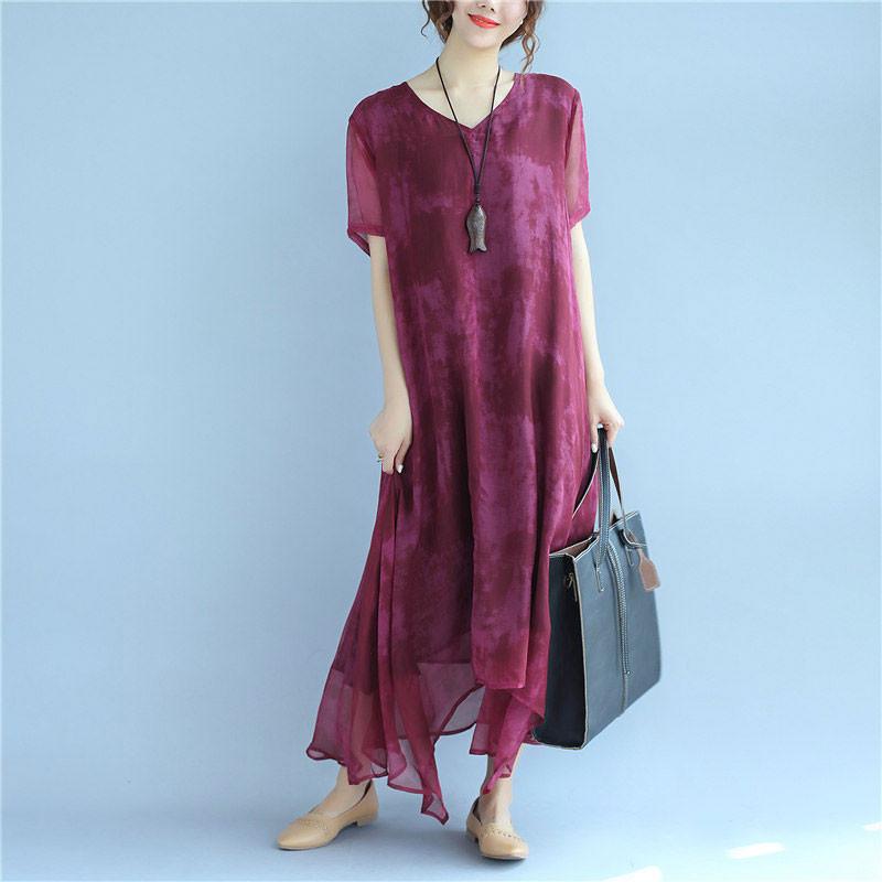 Retro Dyeing Women Loose Casual Silk Irregular Summer Rose Red Dress