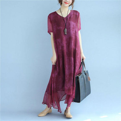 Retro Dyeing Women Loose Casual Silk Irregular Summer Rose Red Dress
