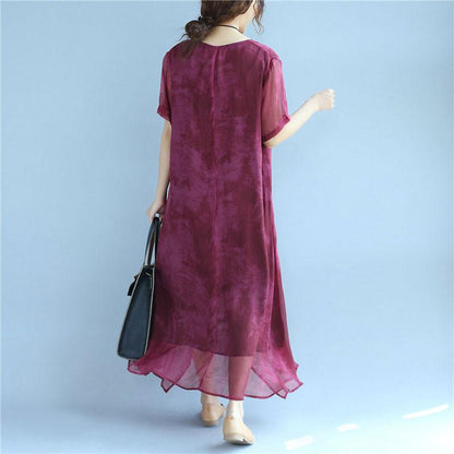 Retro Dyeing Women Loose Casual Silk Irregular Summer Rose Red Dress
