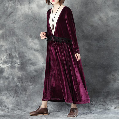 V Neck Long Sleeve Tassel Splicing Pleated Dress For Women