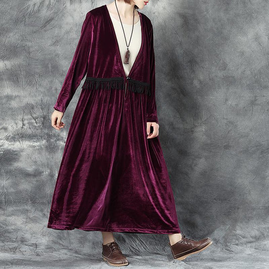 Women V Neck Long Sleeve Wine Red Pleated Dress