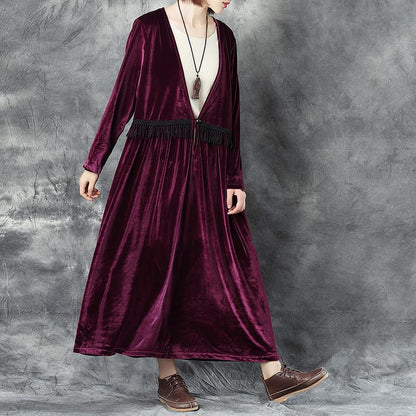 V Neck Long Sleeve Tassel Splicing Pleated Dress For Women