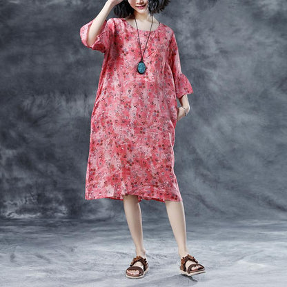Round Neck Casual Loose Short Sleeve Summer Pink Dress