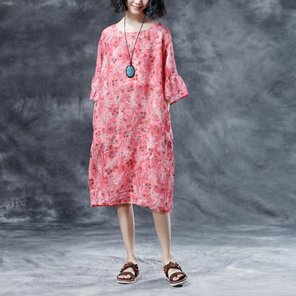 Round Neck Casual Loose Short Sleeve Summer Pink Dress