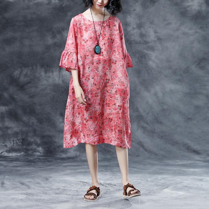 Round Neck Casual Loose Short Sleeve Summer Pink Dress