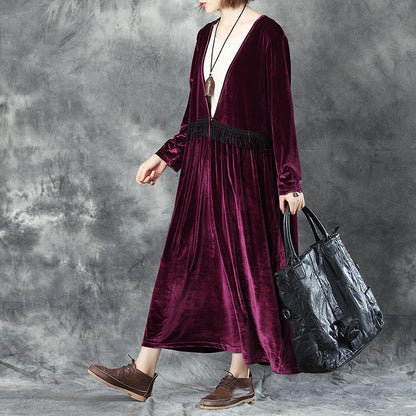 Women V Neck Long Sleeve Wine Red Pleated Dress