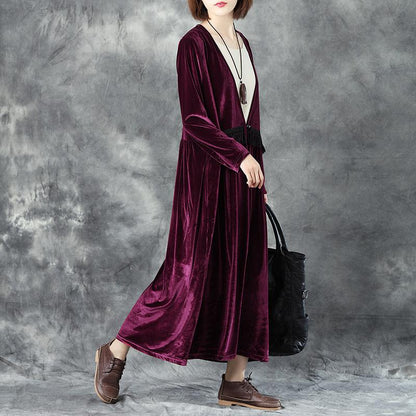 Women V Neck Long Sleeve Wine Red Pleated Dress