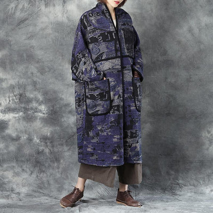 Woolen Women V Neck Shoulder Sleeve Loose Cardigan Printing Coat