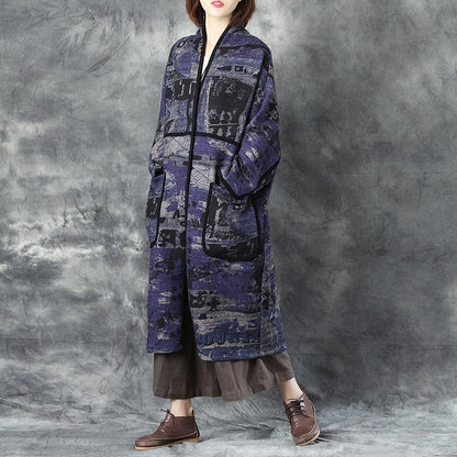 Women V Neck Long Sleeve Loose Cardigan Printed Woolen Coat