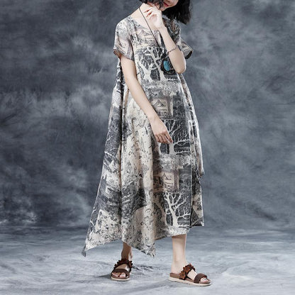 Retro Printing Loose Short Sleeve Summer Dress