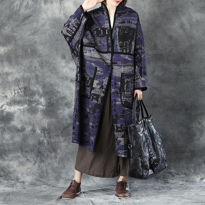 Women V Neck Long Sleeve Loose Cardigan Printed Woolen Coat