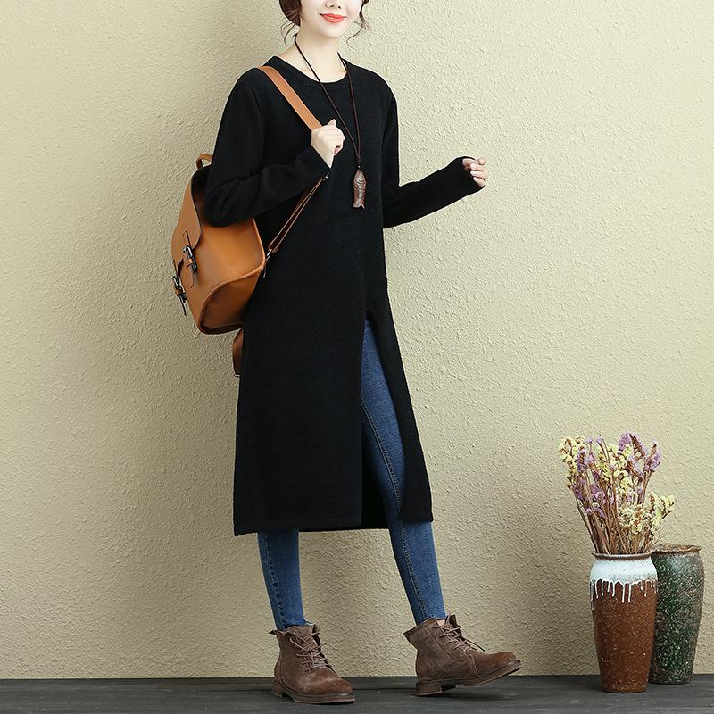 Women Long Sleeve Slit Solid Black Casual Long Shirt