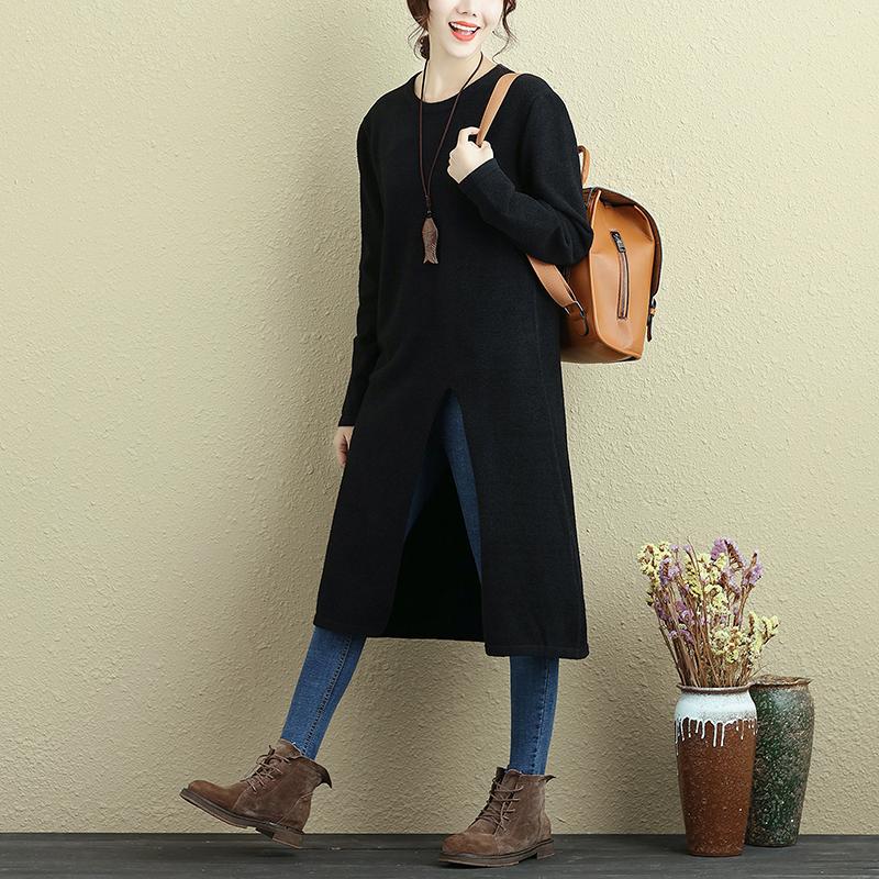 Women Long Sleeve Slit Solid Black Casual Long Shirt