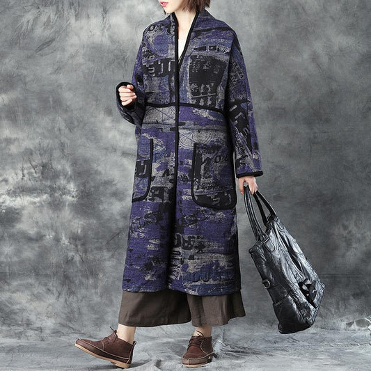 Women V Neck Long Sleeve Loose Cardigan Printed Woolen Coat