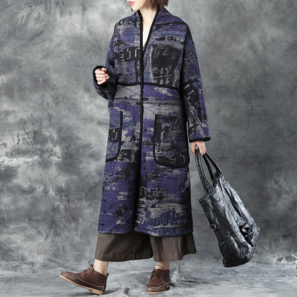 Woolen Women V Neck Shoulder Sleeve Loose Cardigan Printing Coat