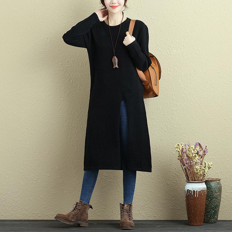 Women Long Sleeve Slit Solid Black Casual Long Shirt
