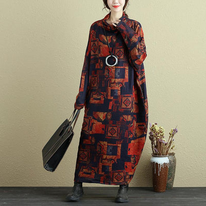 Women Retro Mock Turtleneck Long Sleeve Ankle Length Dress