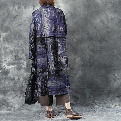 Women V Neck Long Sleeve Loose Cardigan Printed Woolen Coat