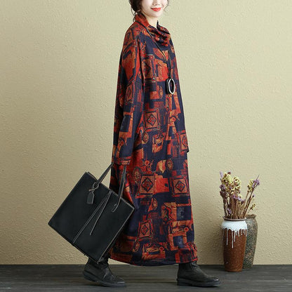 Women Retro Mock Turtleneck Long Sleeve Ankle Length Dress