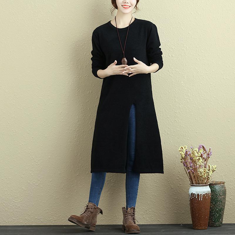 Women Long Sleeve Slit Solid Black Casual Long Shirt