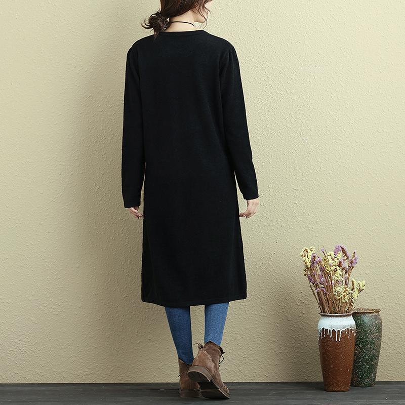 Women Long Sleeve Slit Solid Black Casual Long Shirt