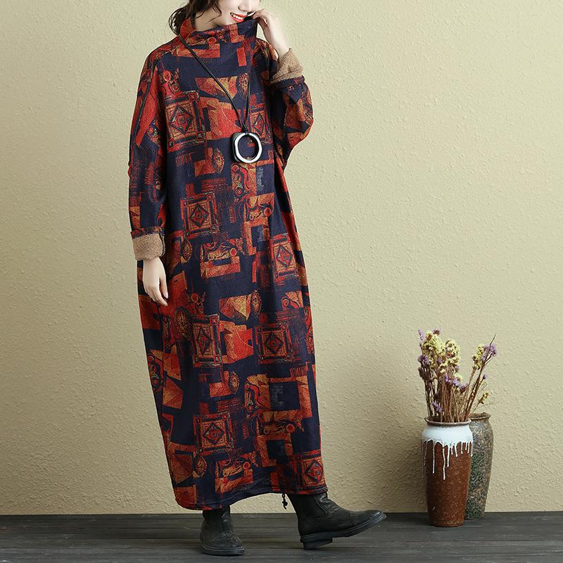 Women Retro Mock Turtleneck Long Sleeve Ankle Length Dress
