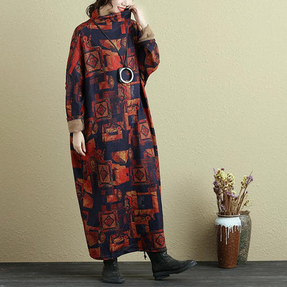 Women Retro Mock Turtleneck Long Sleeve Ankle Length Dress
