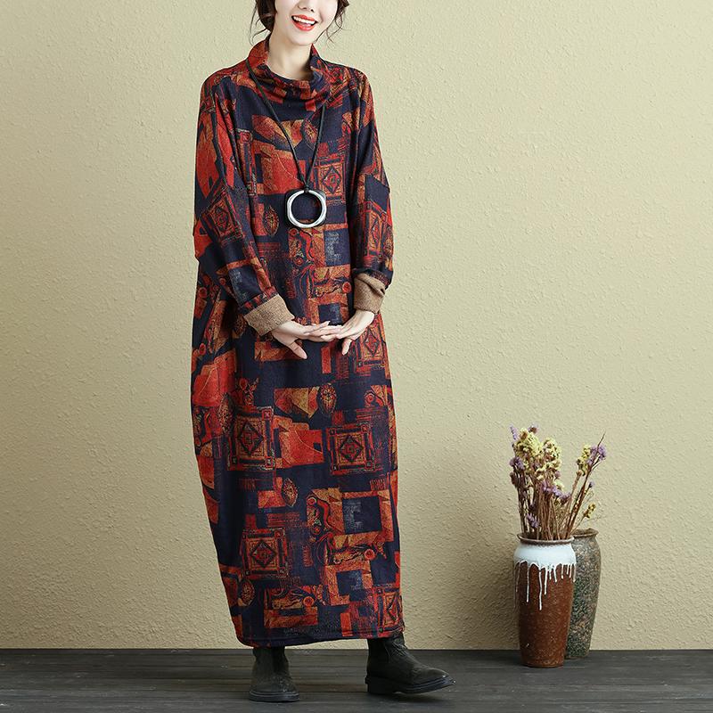 Women Retro Mock Turtleneck Long Sleeve Ankle Length Dress