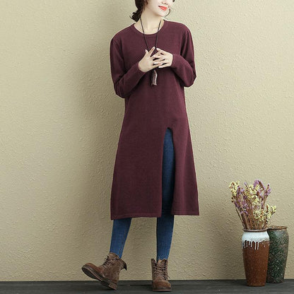 Women Autumn Long Sleeve Slit Wine Red Casual Long Shirt