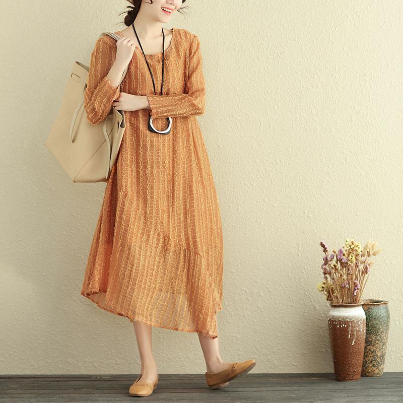 Autumn Round Neck Long Sleeve Irregular Lining Orange Women Dress