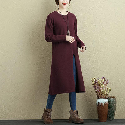 Women Autumn Long Sleeve Slit Wine Red Casual Long Shirt