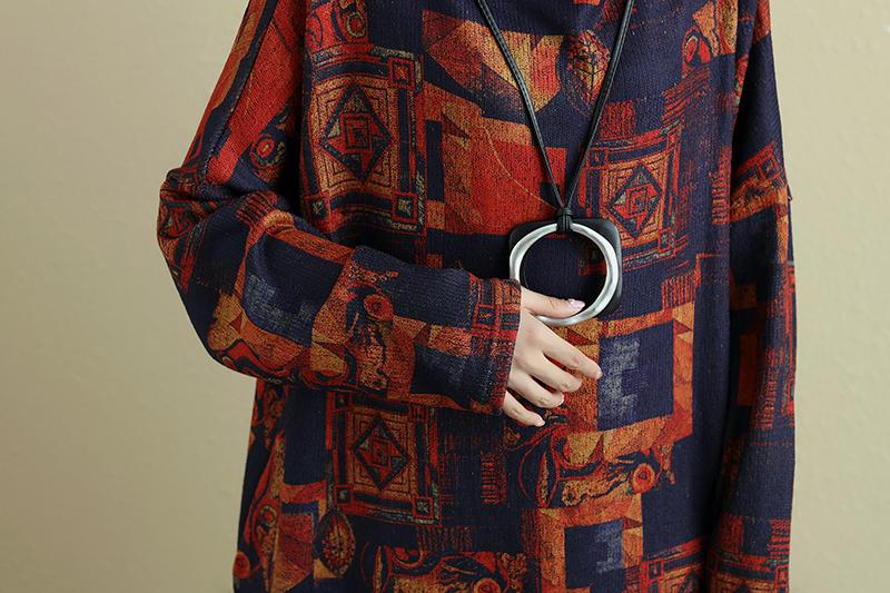 Women Retro Mock Turtleneck Long Sleeve Ankle Length Dress