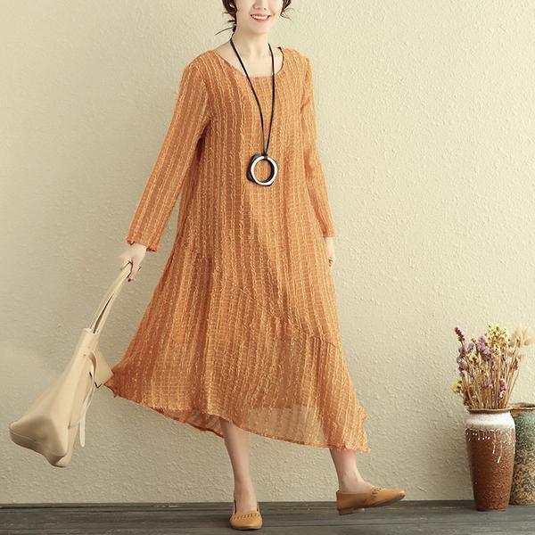 Round Neck Long Sleeve Irregular Lining Gray Women Dress