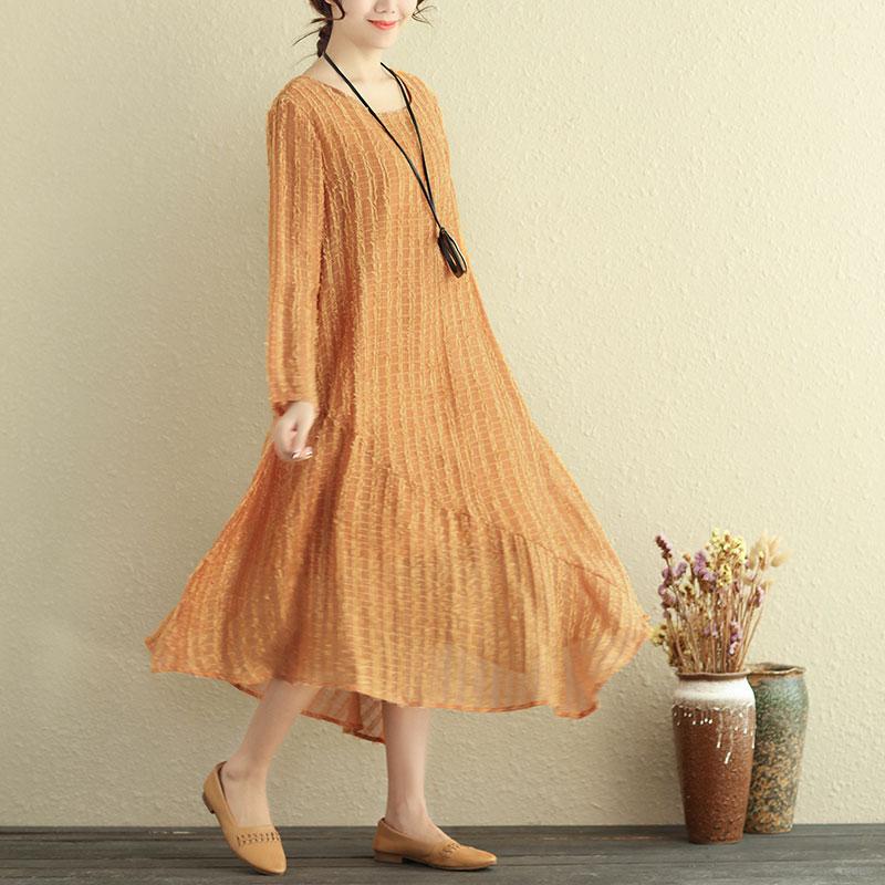 Autumn Round Neck Long Sleeve Irregular Lining Orange Women Dress