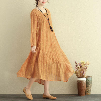 Autumn Round Neck Long Sleeve Irregular Lining Orange Women Dress